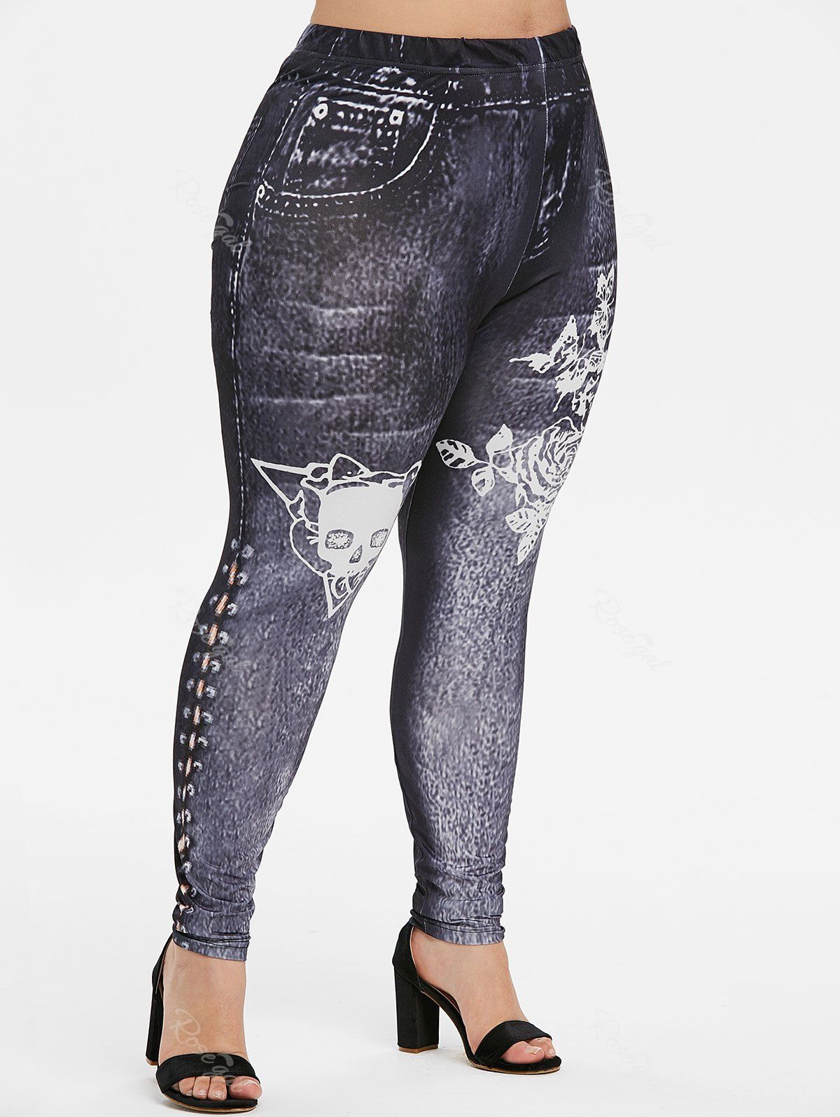 

Plus Size High Waisted Sugar Skull and Flower Print Jeggings, Cloudy gray