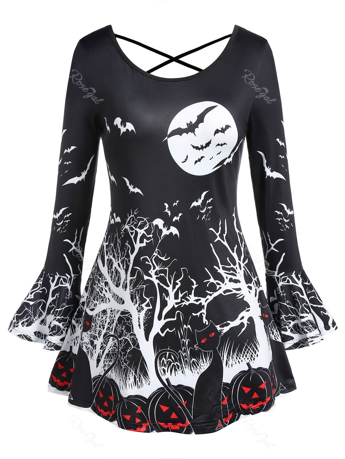 

Plus Size Long Sleeve Bat Print Criss Cross Halloween T Shirt, Black