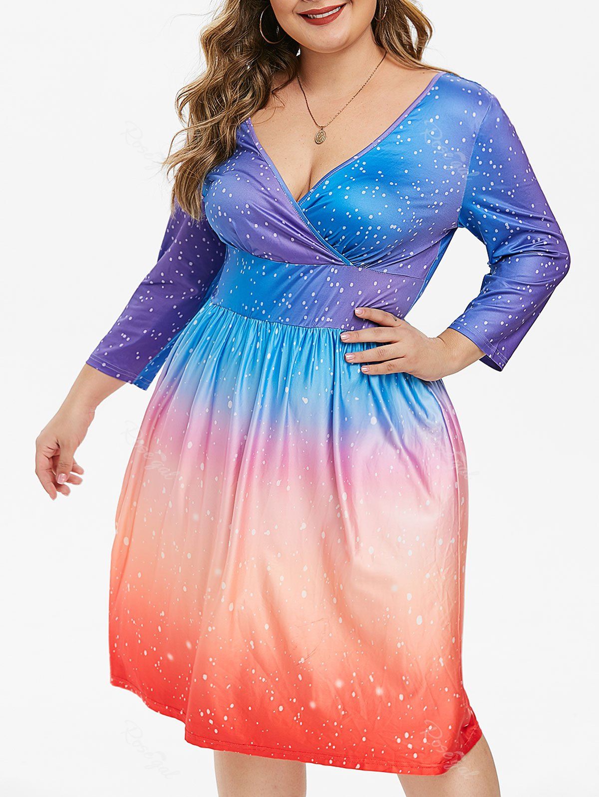 Plus Size Plunge Dotted Ombre Color Dress [35% OFF] | Rosegal