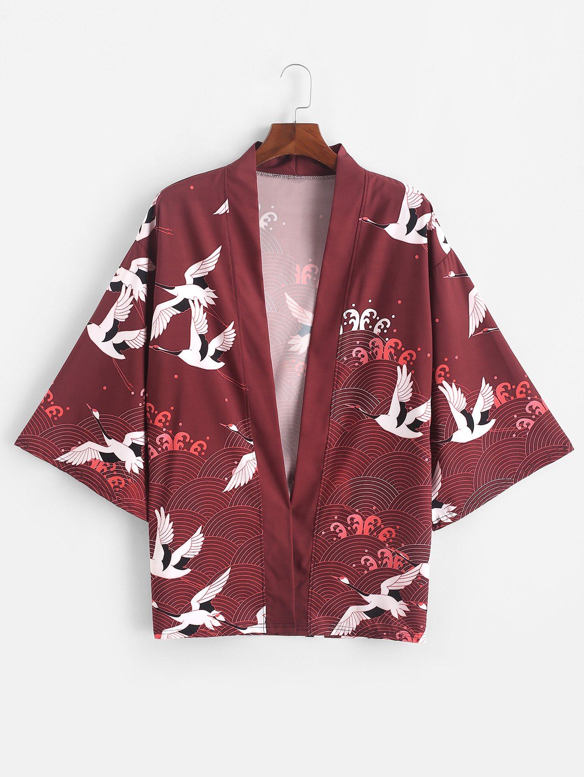 Cardigan Kimono Ouvert en Avant à Imprimé Vague de Mer Rouge Vineux 3XL