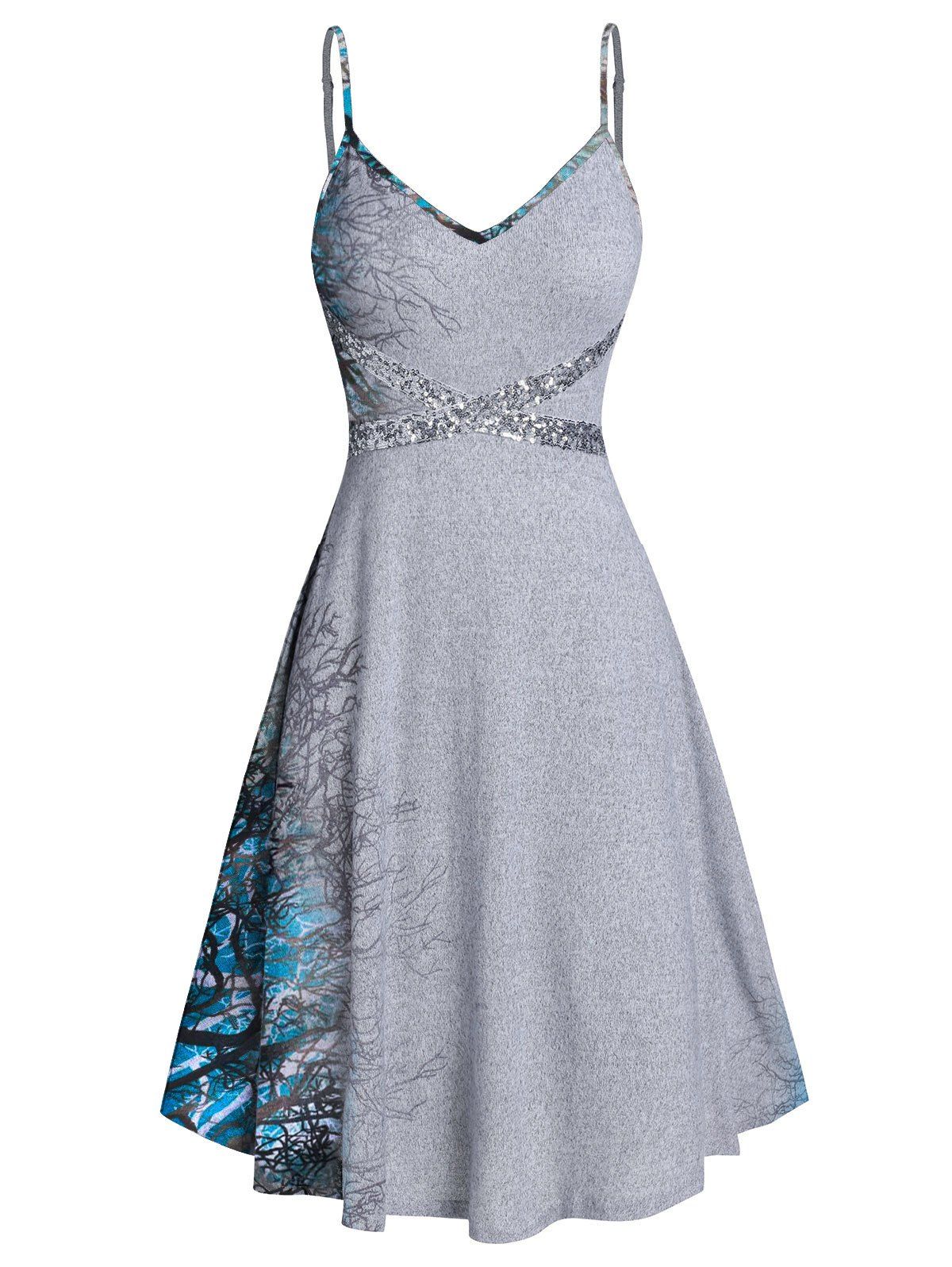 Women Fashion Spaghetti Strap Tree Print Sequined Dress Size S,M,L,XL,2XL,3XL