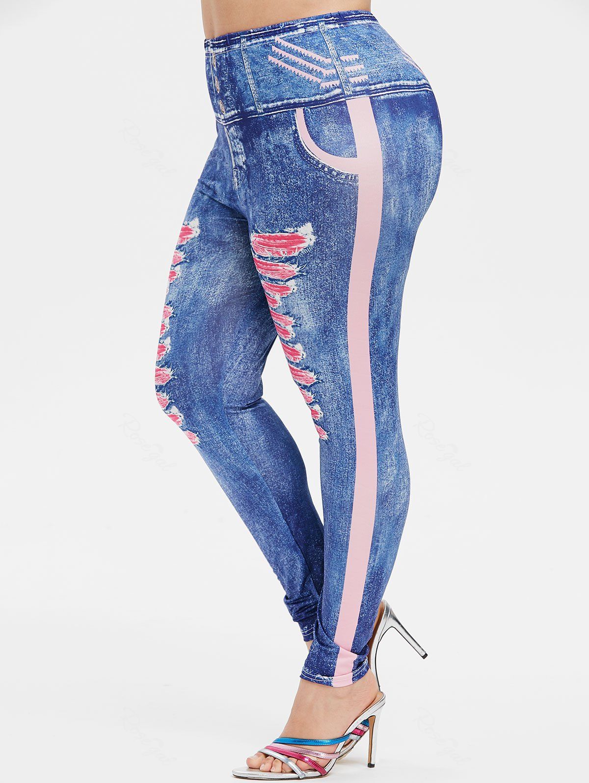

Plus Size 3D Jean Print Skinny Jeggings, Denim dark blue