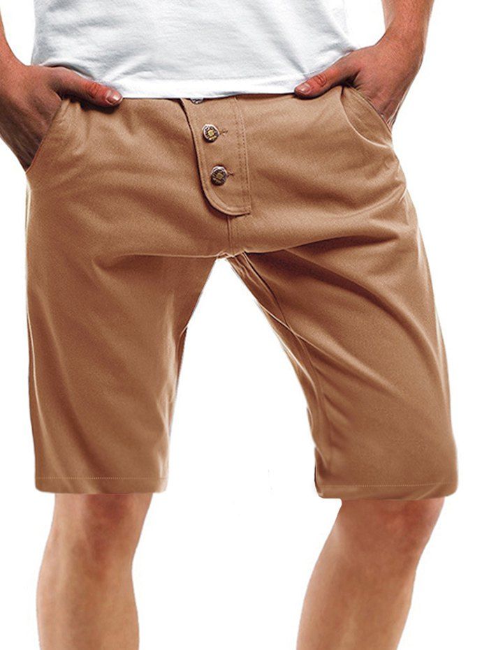 

Solid Color Multi Pockets Metal Button Embroidery Shorts, Khaki