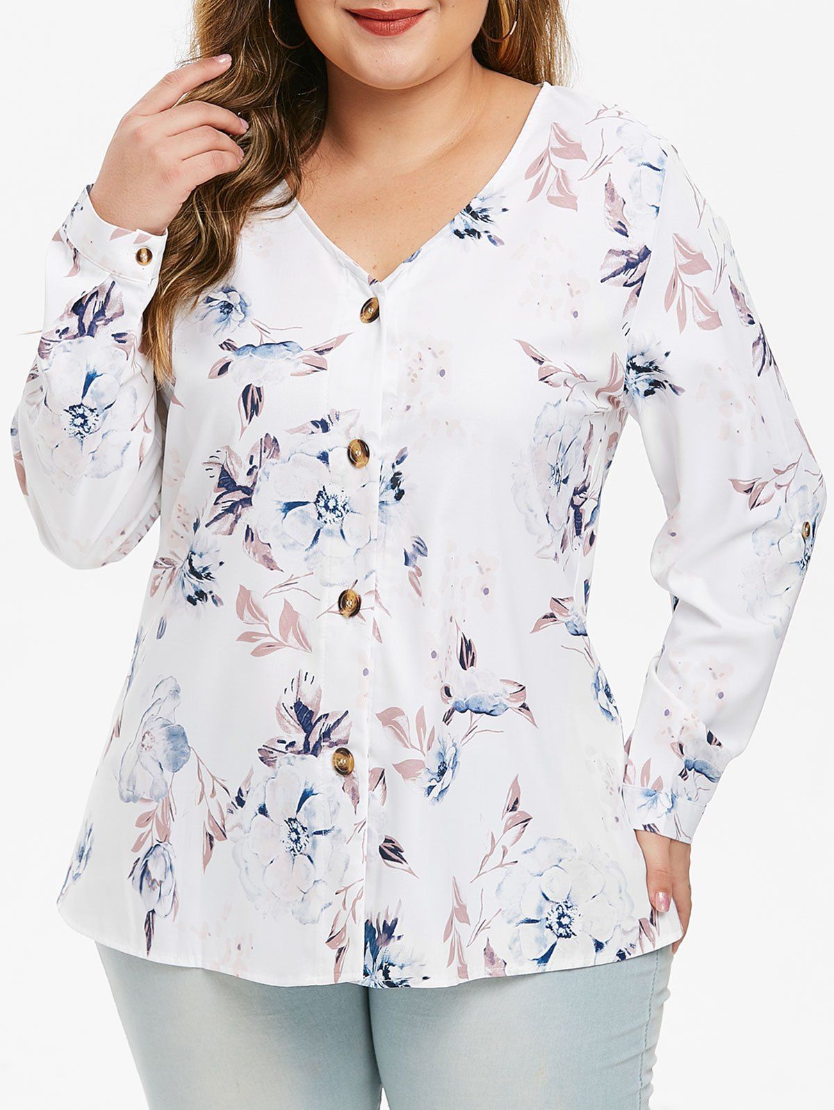 

Buttoned Sleeve Tabs Floral Button Up Plus Size Top, White