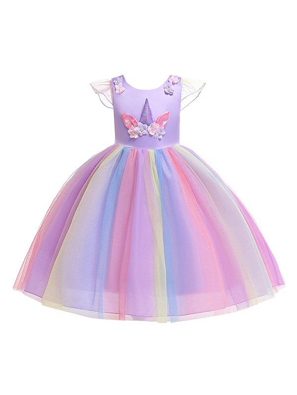 

Unicorn Flower Pattern Cap Sleeve A Line Tulle Dress, Purple