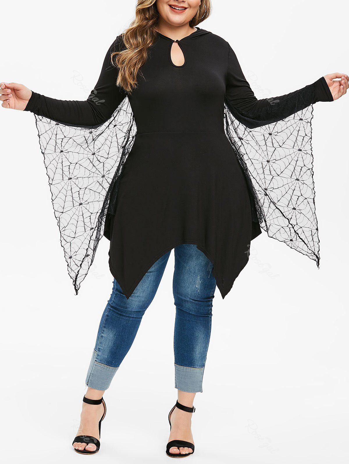 

Plus Size Keyhole Handkerchief Gothic Tee With Bat Wings, Black