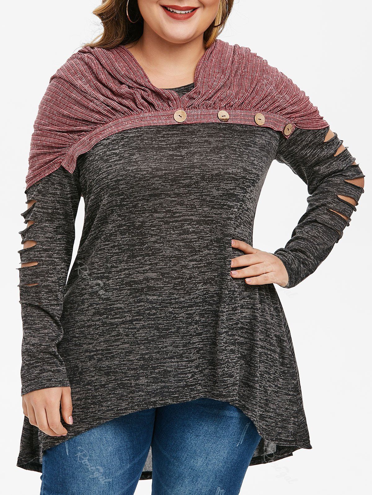 

Plus Size Ripped Marled T Shirt With Convertible Button Scarf, Dark gray