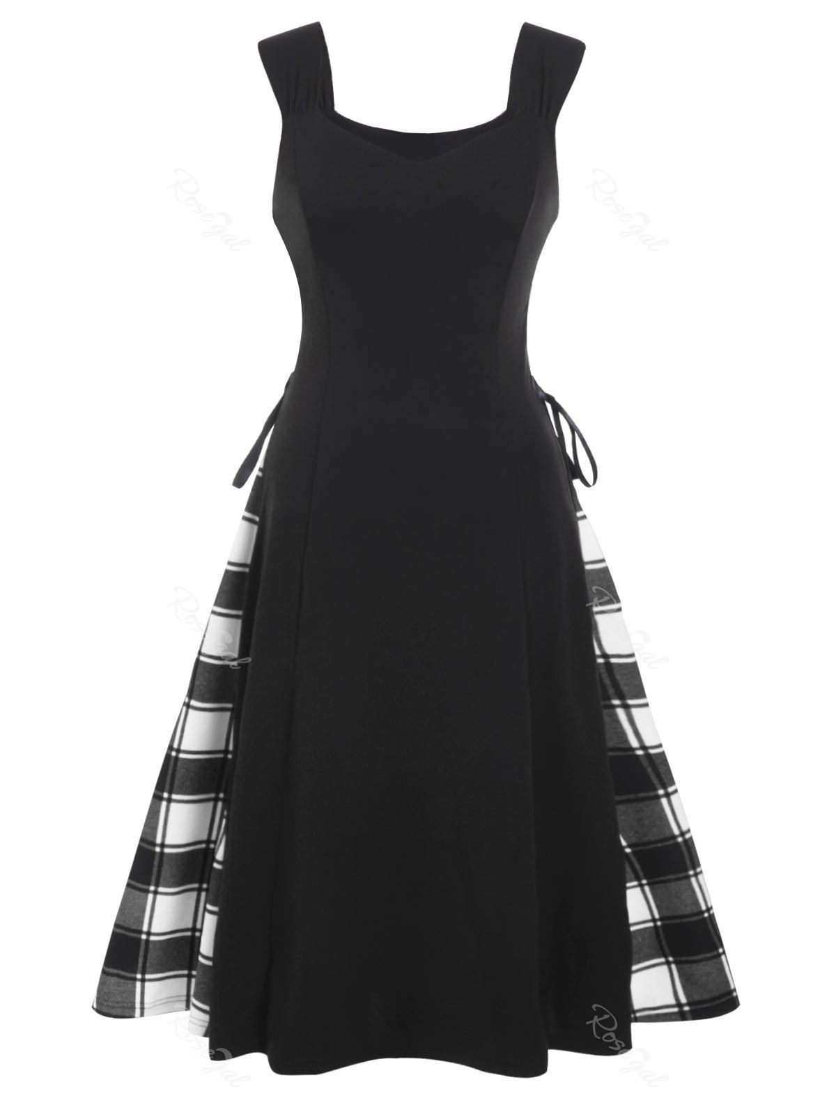 

Plus Size Plaid Panel Sweetheart Neck Vintage Dress, White