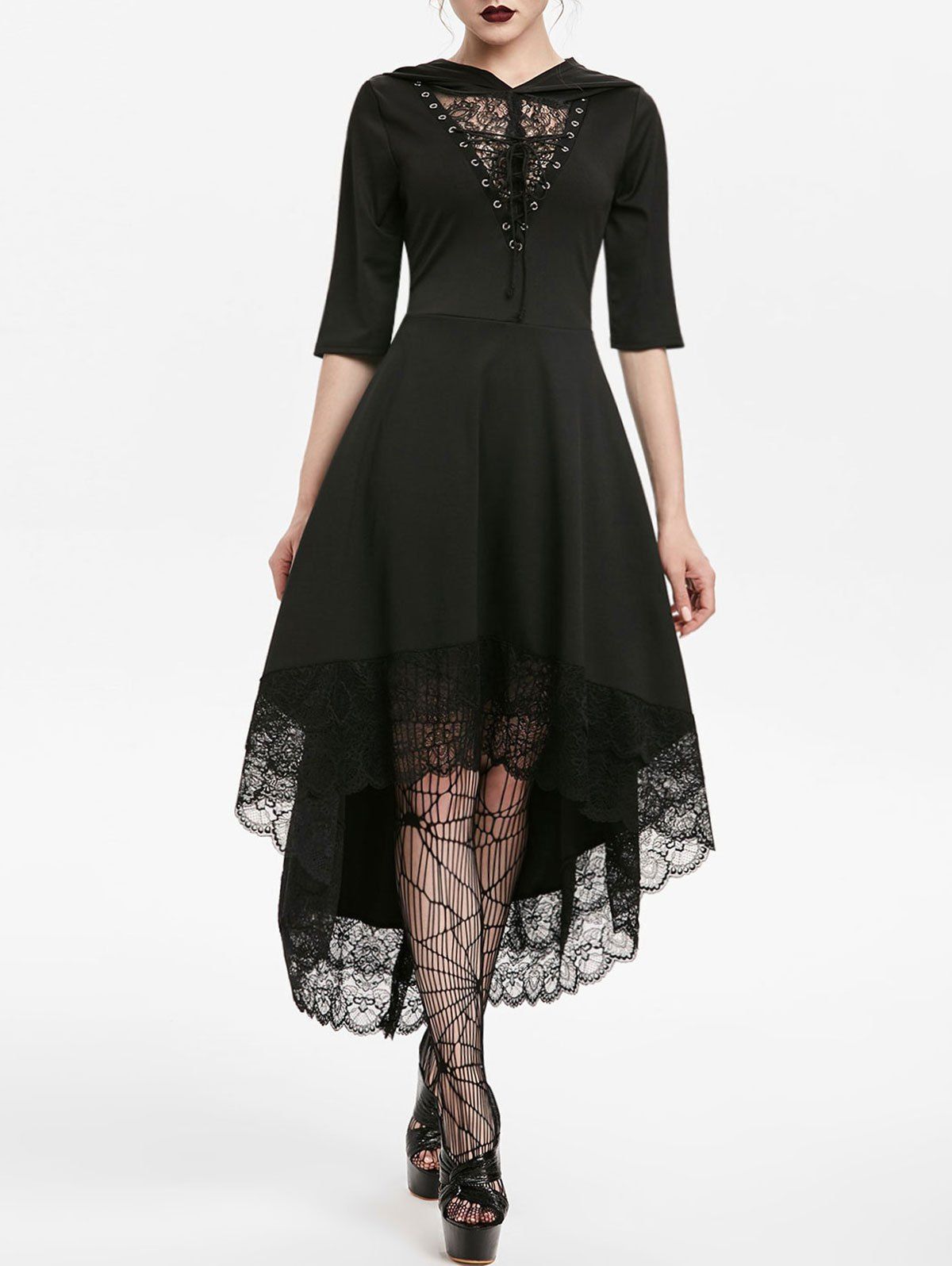 black lace dip hem dress