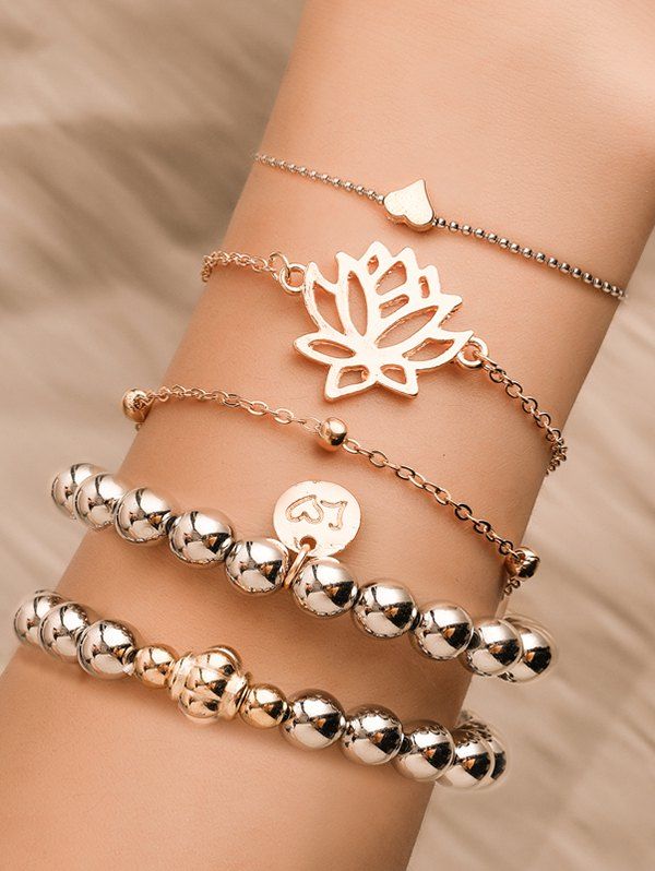 

5Pcs Heart Hollow Lotus Beaded Bracelet Set, Gold
