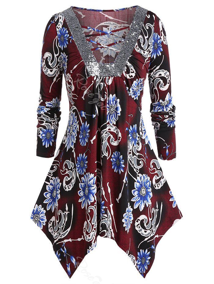 

Plus Size Floral Print Sequined Tunic T Shirt, Red wine