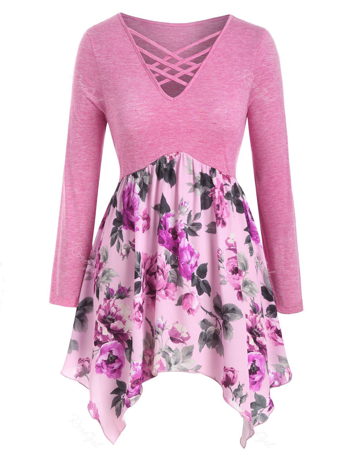 

Plus Size Tunic Ditsy Print Asymmetric T Shirt, Flamingo pink