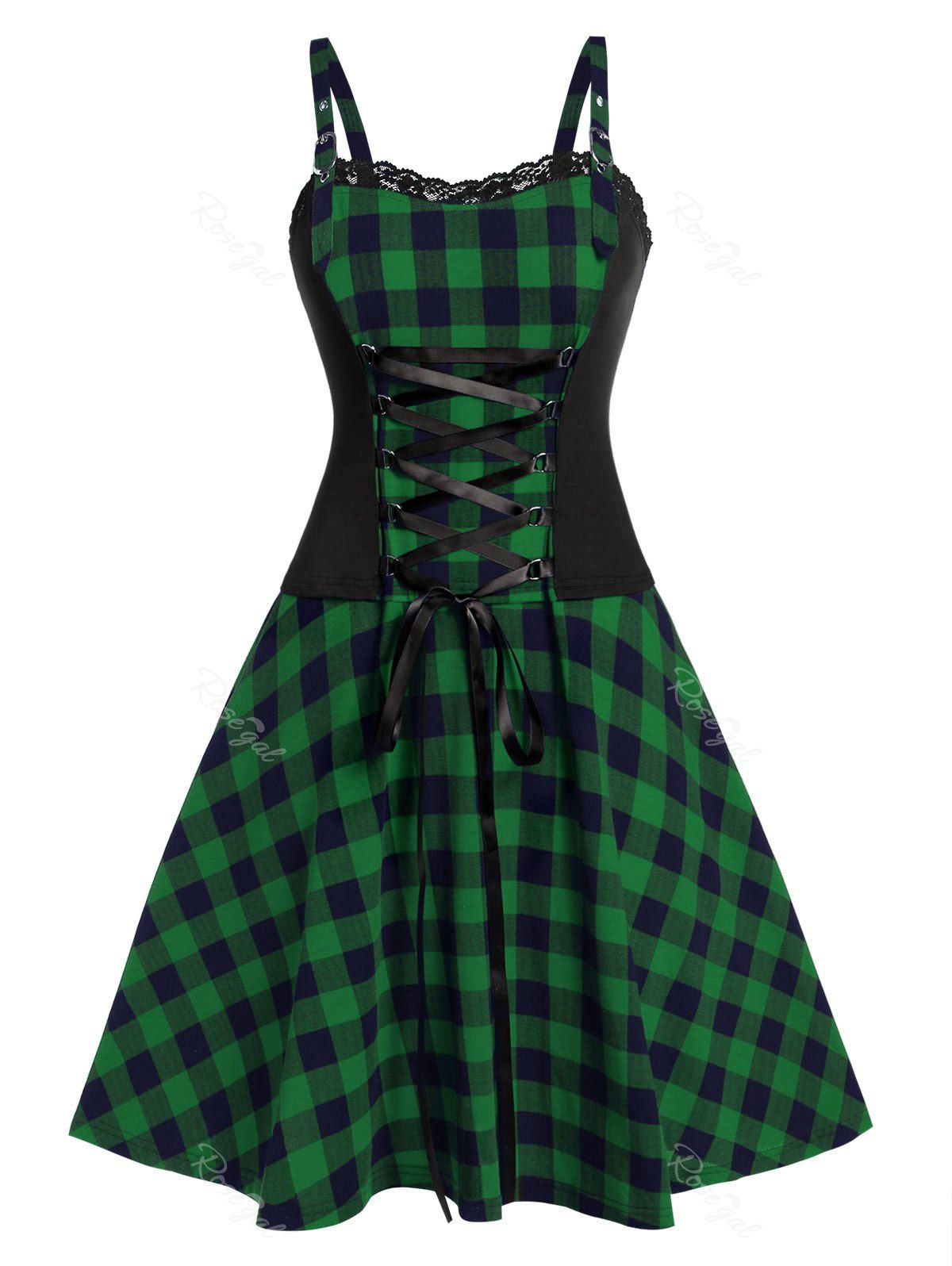 

Plus Size A Line Checked Lace Up Vintage Dress, Medium sea green