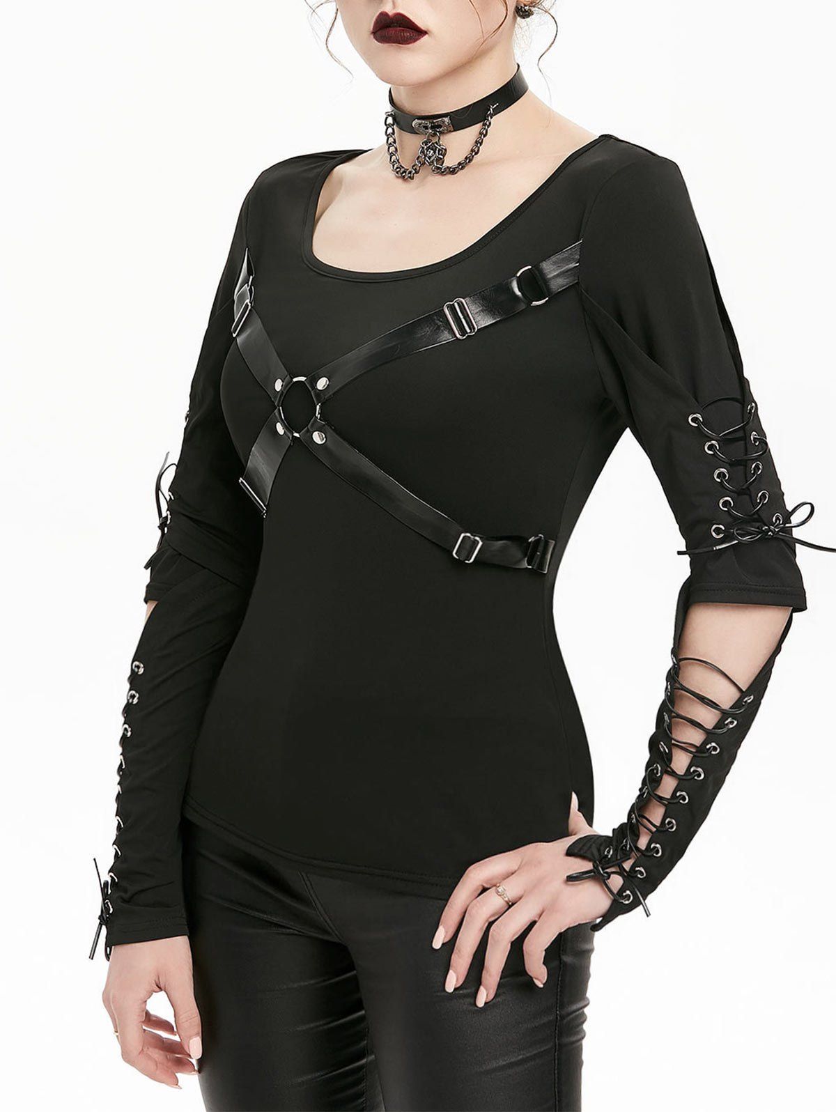 

Harness Insert Lace-up Cut Out Elbow Gothic T-shirt, Black