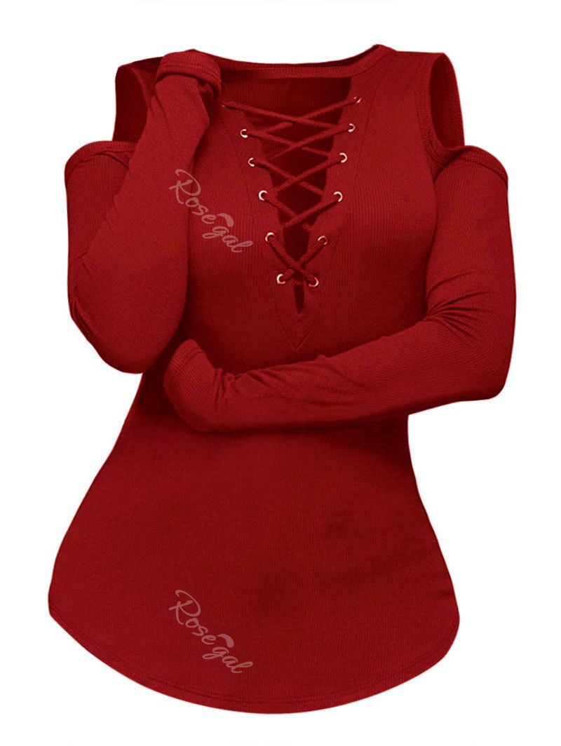 

Plus Size Low Cut Open Shoulder Criss Cross Ribbed Knitwear, Red