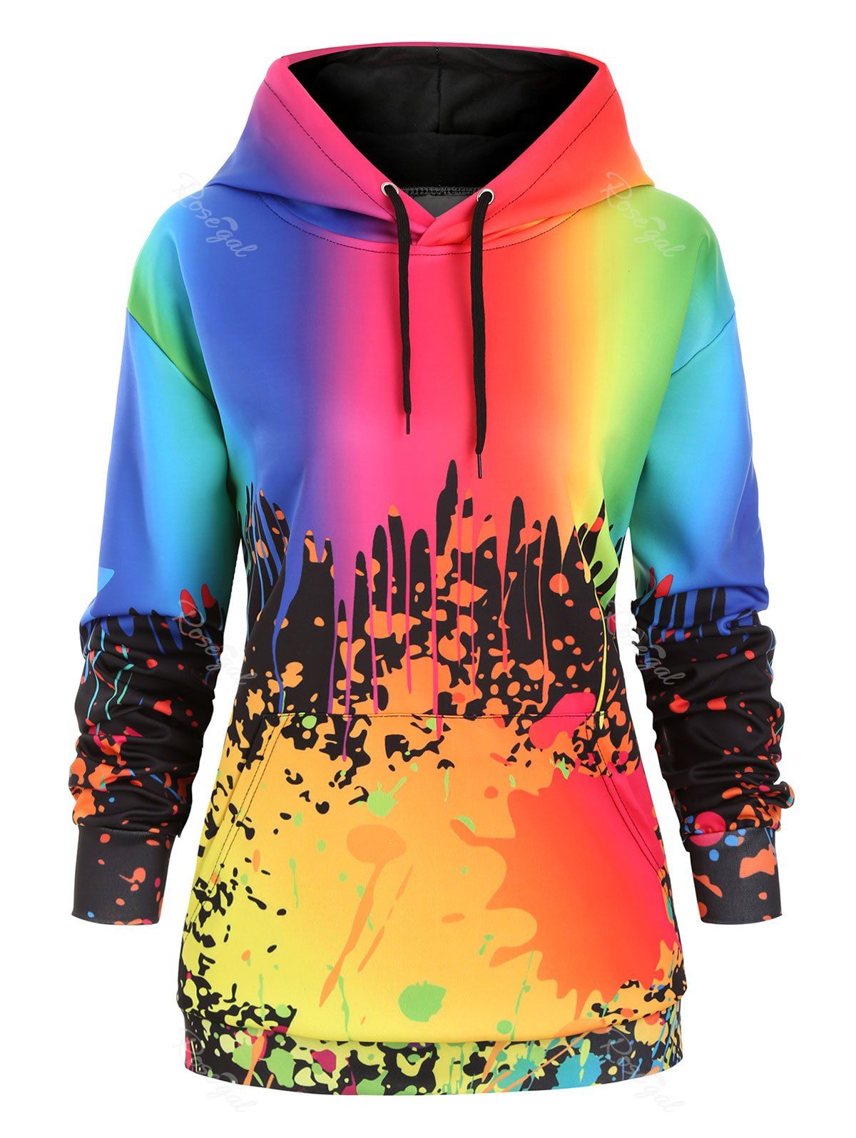 

Drawstring Rainbow Paint Splatter Front Pocket Plus Size Hoodie, Multi-b