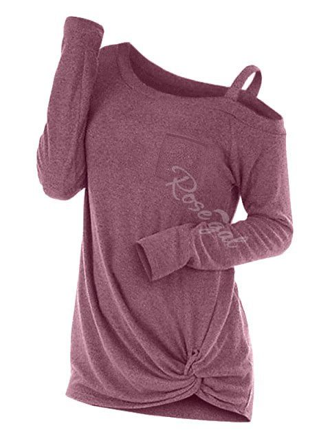 

Plus Size Front Twist Marled Skew Neck T Shirt, Pale violet red