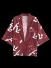 Cardigan Kimono Ouvert en Avant à Imprimé Vague de Mer - Rouge Vineux 3XL