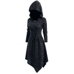 

Lace Up Cut Out Asymmetric Hooded Dress, Black