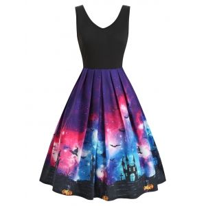 

Galaxy Bat Graphic A Line Halloween Dress, Black