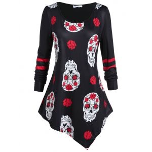 

Plus Size Skull Print Asymmetric Round Collar T Shirt, Black