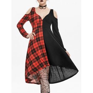 

Plunging Neck O Ring Cut Out Plaid Gothic Dress, Black