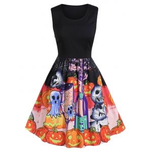 

Plus Size A Line Zippered Pumpkin Print Vintage Halloween Dress, Black