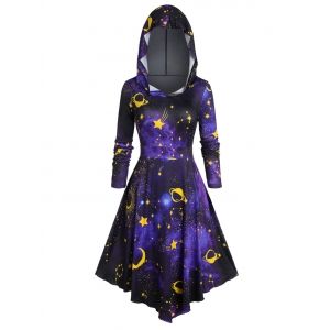 

Plus Size Hooded 3D Galaxy Print Halloween Dress, Black