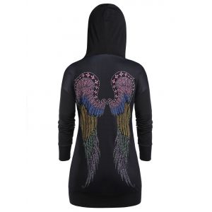 

Plus Size Wing Print Lace Up Pocket Drop Shoulder Hoodie, Black