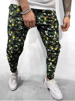 Colorful Leopard Print Casual Drawstring Pants - ARMY GREEN - XS