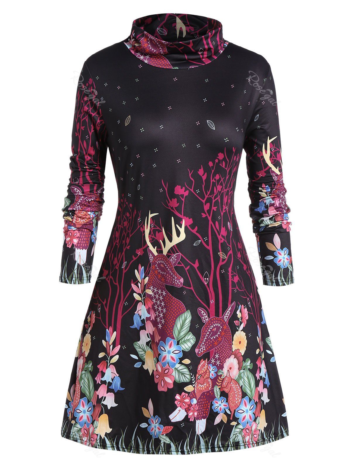 

Plus Size Floral Printed High Neck Tunic T Shirt, Black