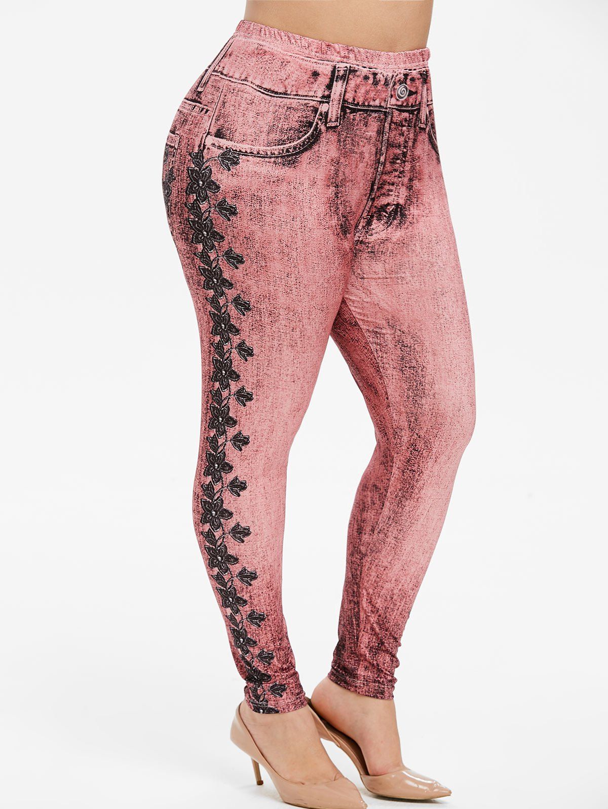 

Pull On Floral Printed Plus Size Jeggings, Khaki rose
