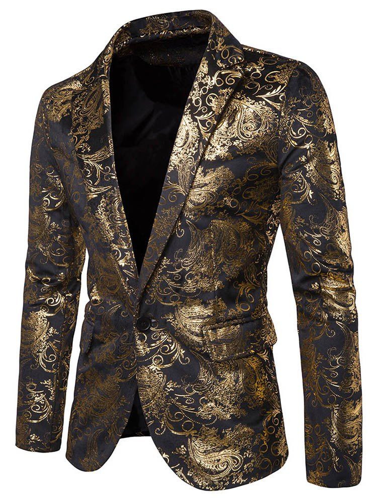 

One Button Gilding Print Velvet Party Blazer, Black