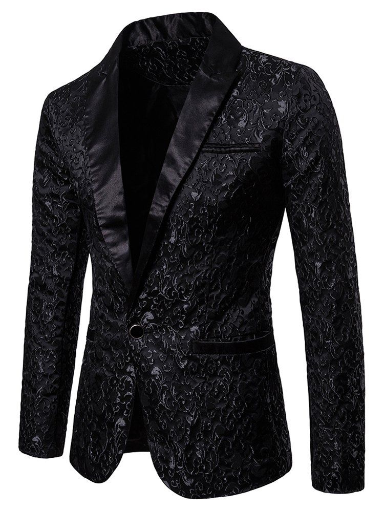 

Jacquard Faux Pockets One Button Party Blazer, Black