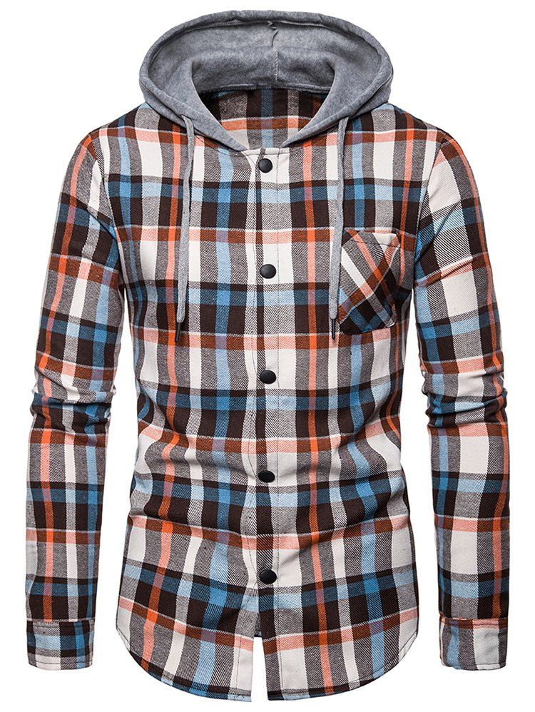 

Checked Print Pockets Button Up Hooded Shirt, Blanched almond