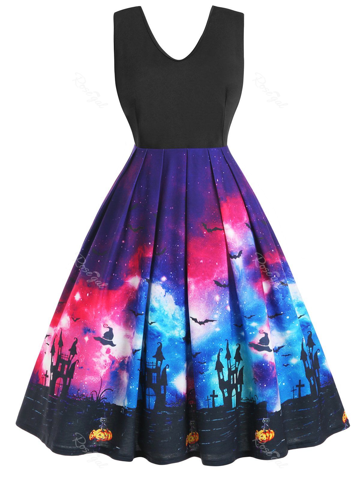 

Plus Size 3D Galaxy Bat Pumpkin Vintage Halloween Party Dress, Black
