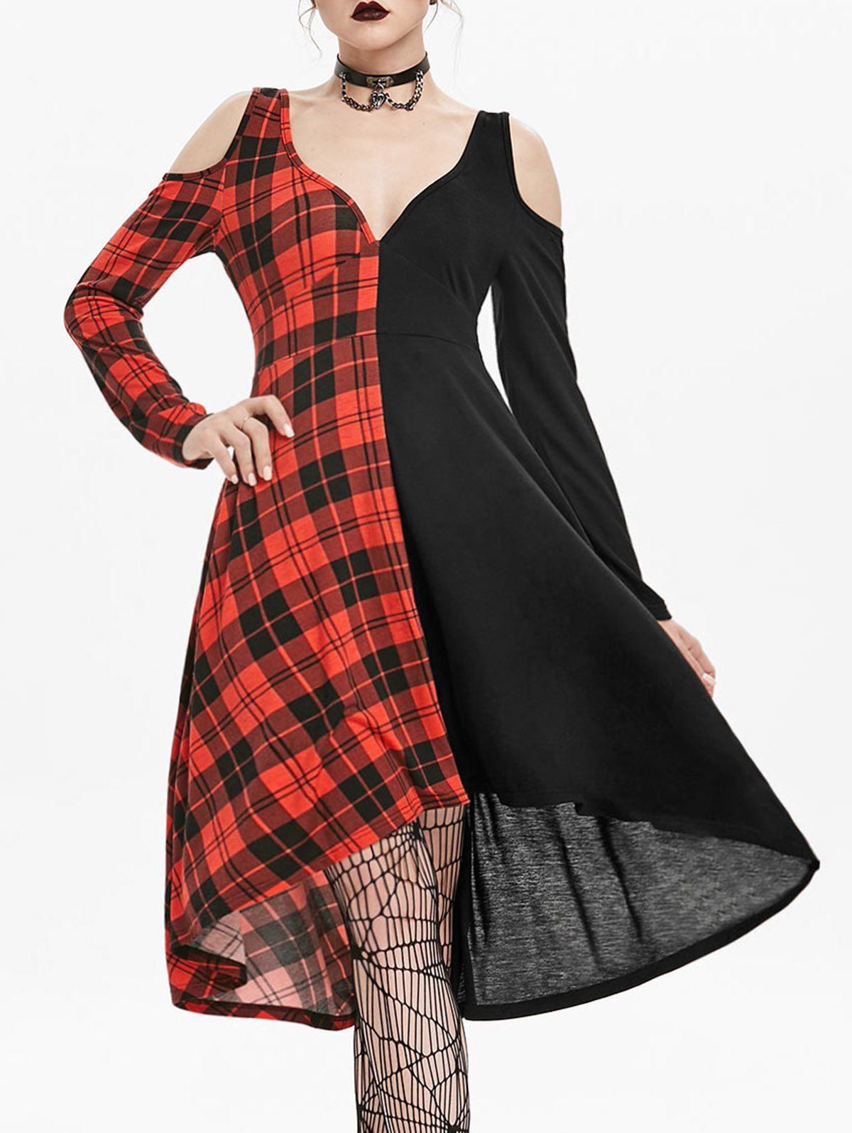

Plunging Neck O Ring Cut Out Plaid Gothic Dress, Black