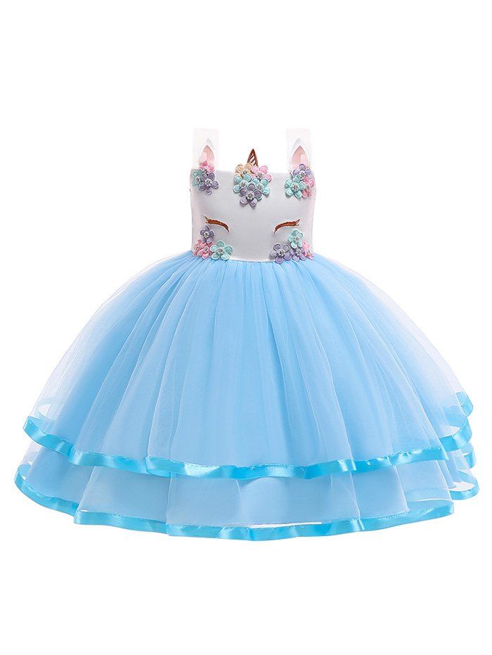 

Unicorn Flower Pattern Sleeveless A Line Tulle Dress, Blue
