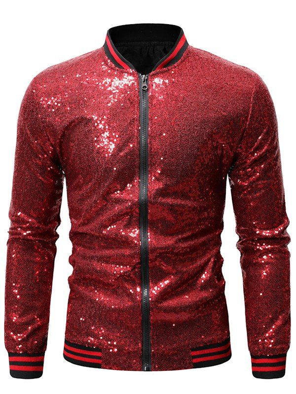 

Sequins Decoration Color Spliced Jacket, Red wine