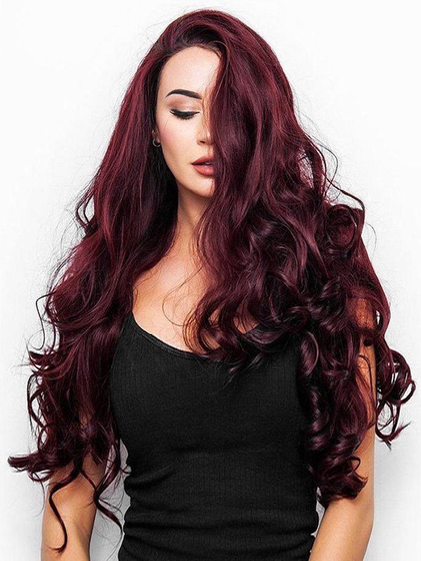 

Long Body Wave Synthetic Side Part Wig, Red wine