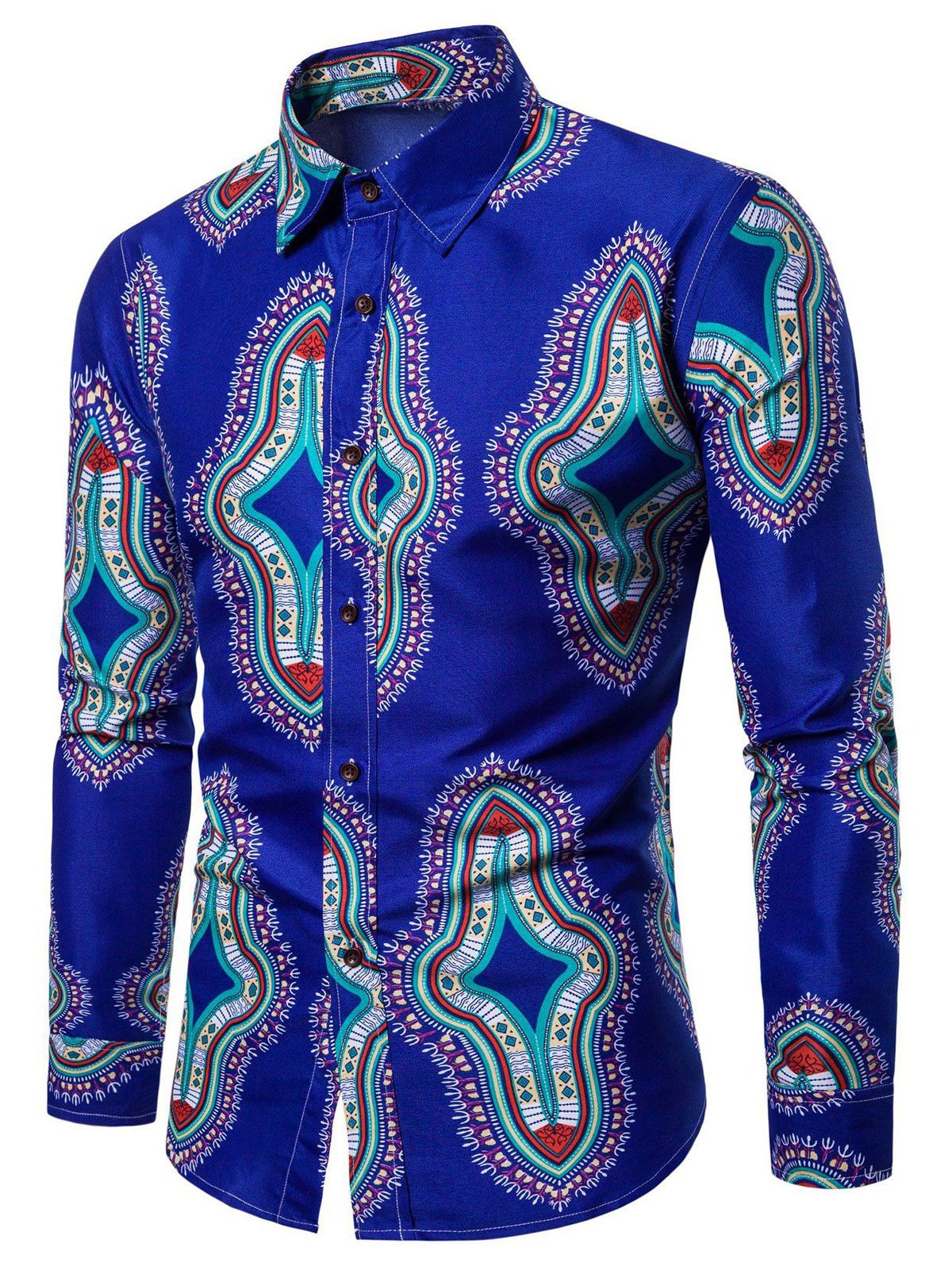 

Ethnic Tribal Printed Long-sleeved Shirt, Blue