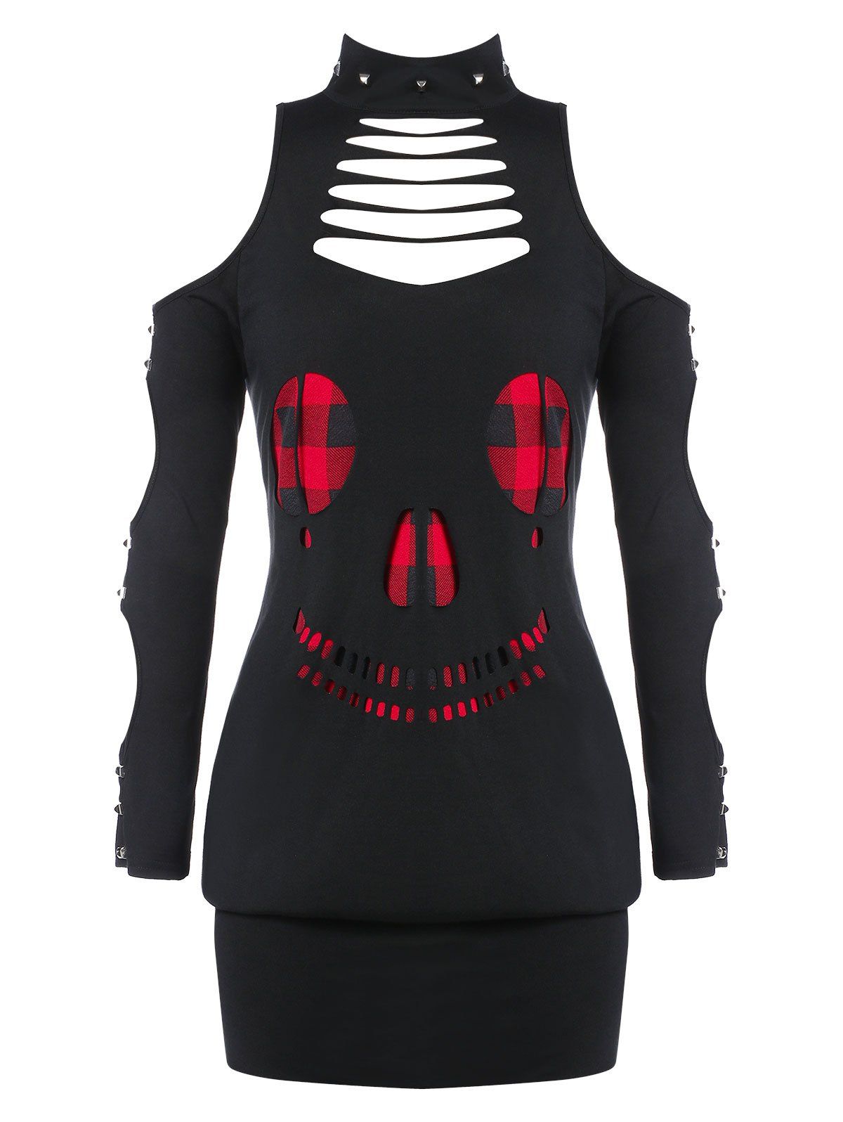 

Plus Size Ripped Plaid Skull Halloween Gothic Blouson T Shirt, Black