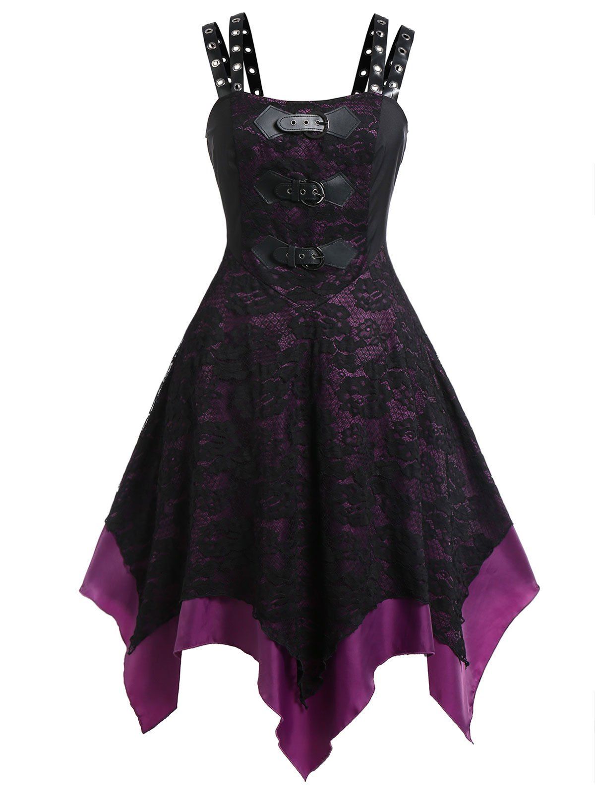 

Plus Size PU Buckle Grommet Halloween Gothic Lace Party Dress, Black