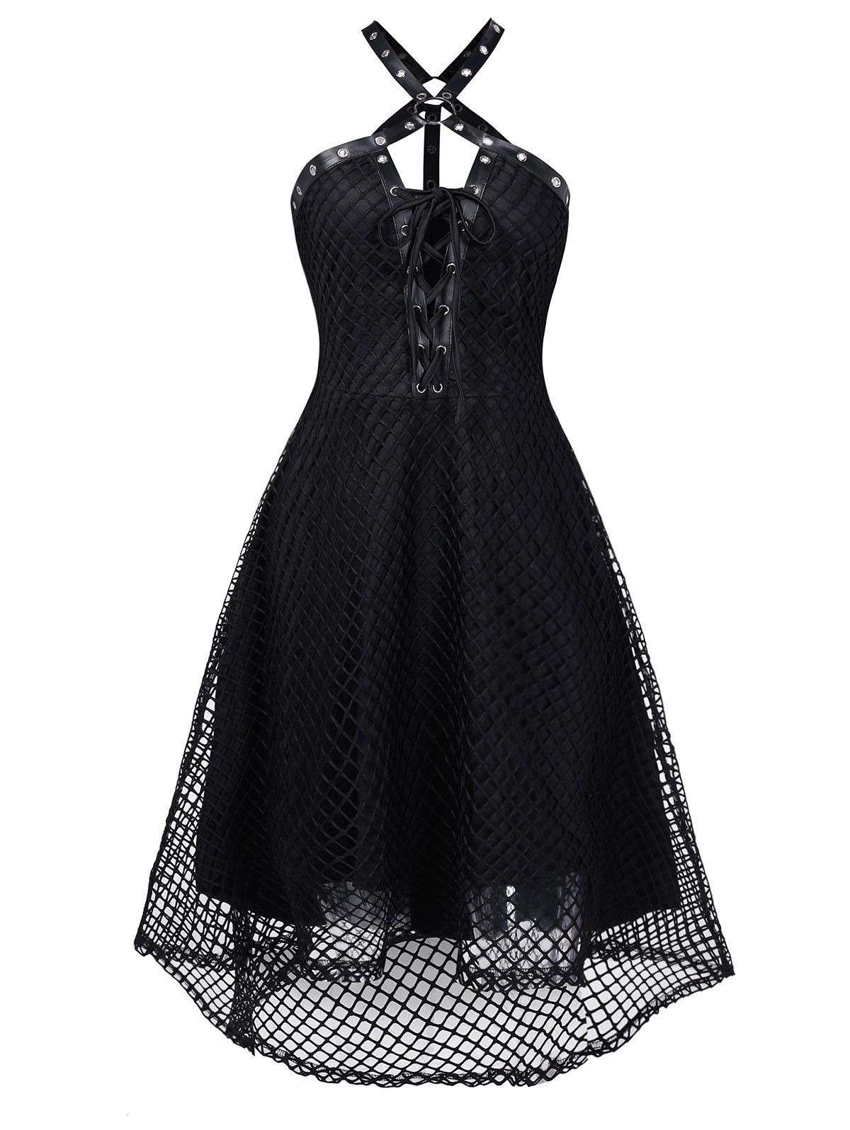 

Harness Insert Lace-up High Low Fishnet Gothic Dress, Black