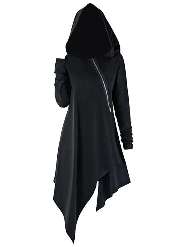 

Zip Front Asymmetrical Longline Hoodie, Black