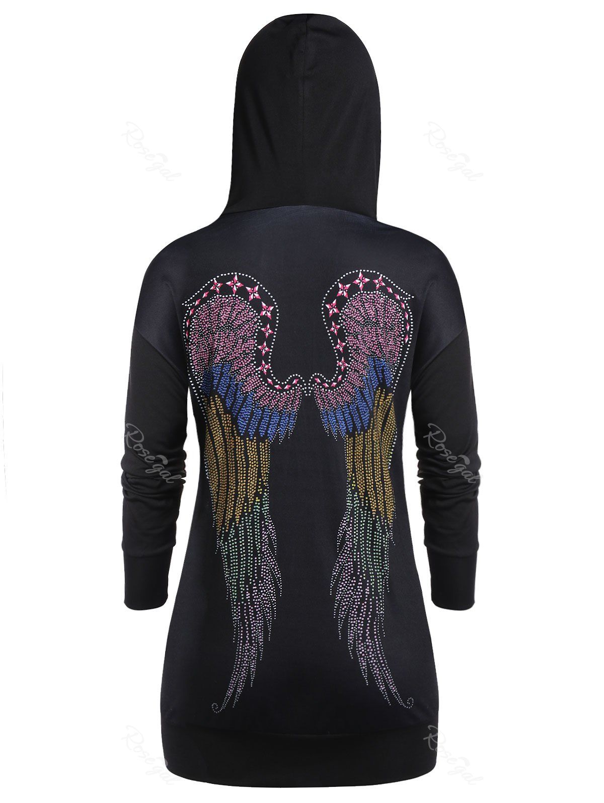 

Plus Size Wing Print Lace Up Pocket Drop Shoulder Hoodie, Black