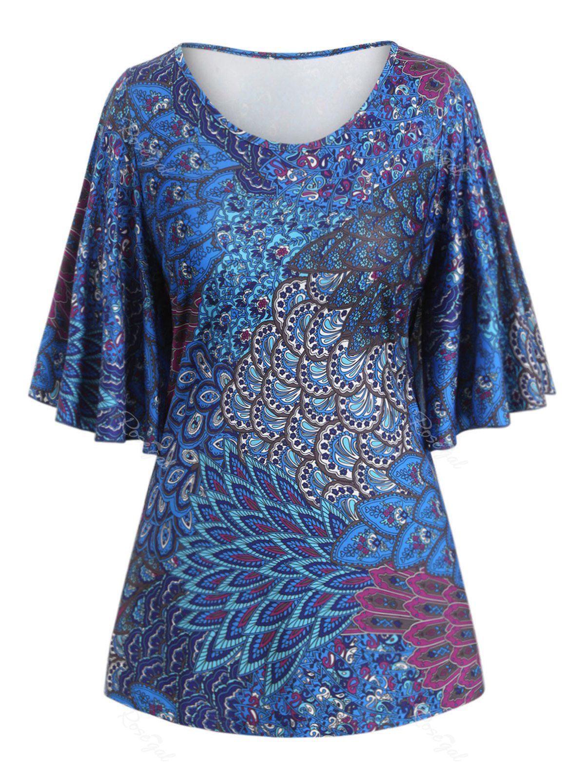

Plus Size Butterfly Sleeve Tribal Print Tee, Blue