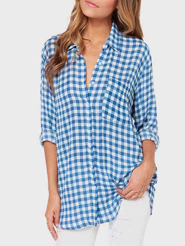 

Plaid Pocket Longline Shirt, Deep sky blue