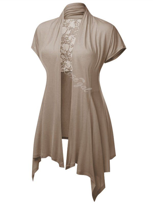 

Plus Size Handkerchief Sheer Lace Panel Open Cardigan, Light khaki