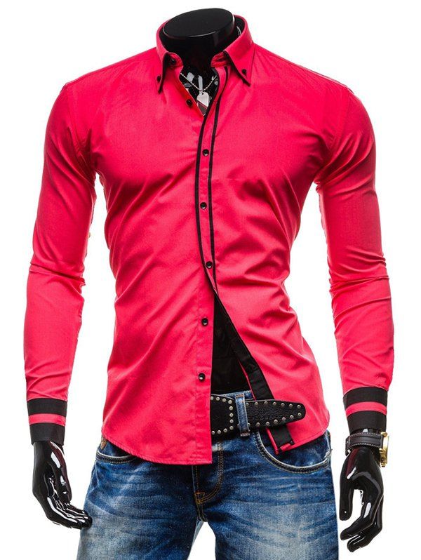 

Color Spliced Button Up Long Sleeves Shirt, Red